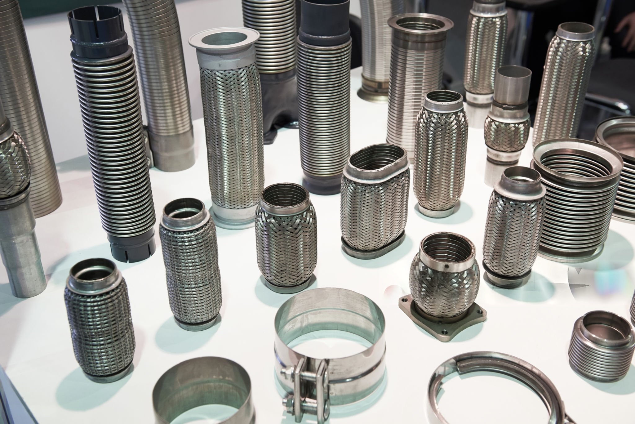 Different exhaust flex pipes, exhaust bellows, and related exhaust components