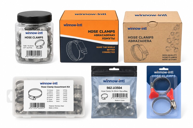 Winnow-intl hose clamp retail packaging options including boxes, bags, jars and blister packs