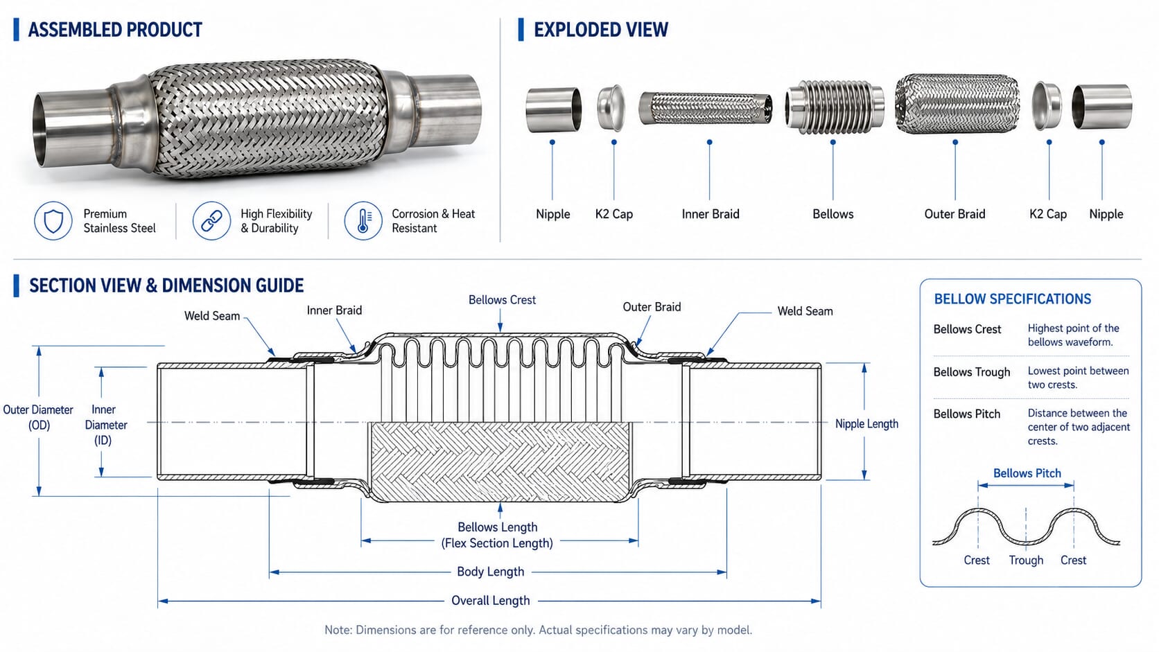 Exhaust flex pipe structure diagram with component labels and dimension measurement points
