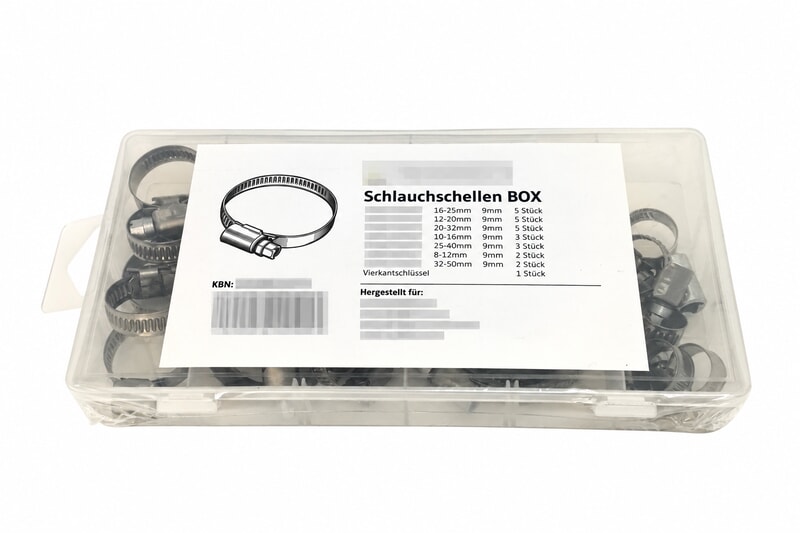 Private label German type hose clamp assortment kit with custom product label and barcode