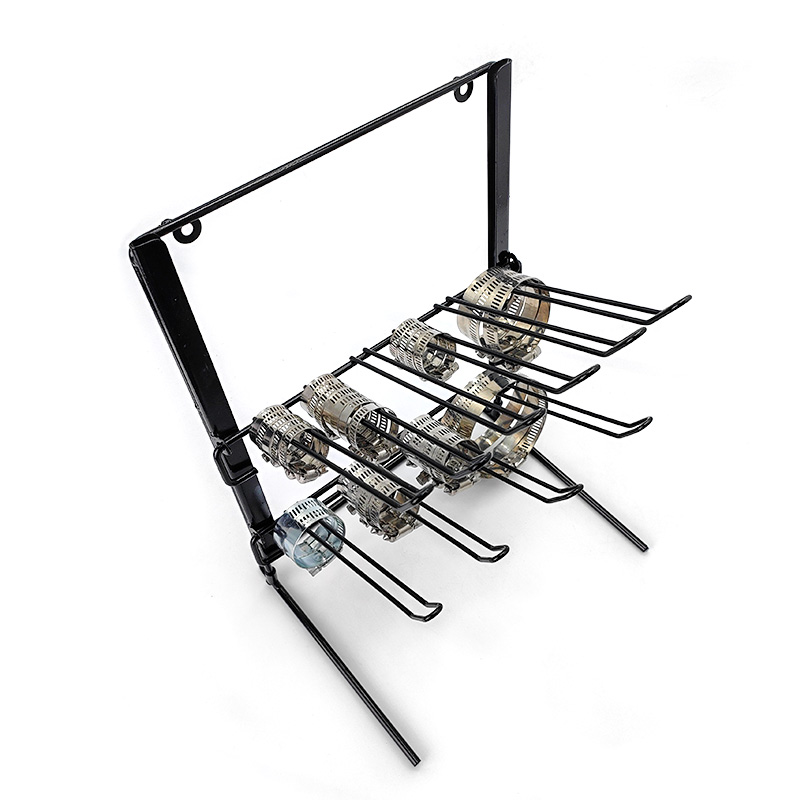 Metal hose clamp display rack with assorted clamp sizes for retail store merchandising