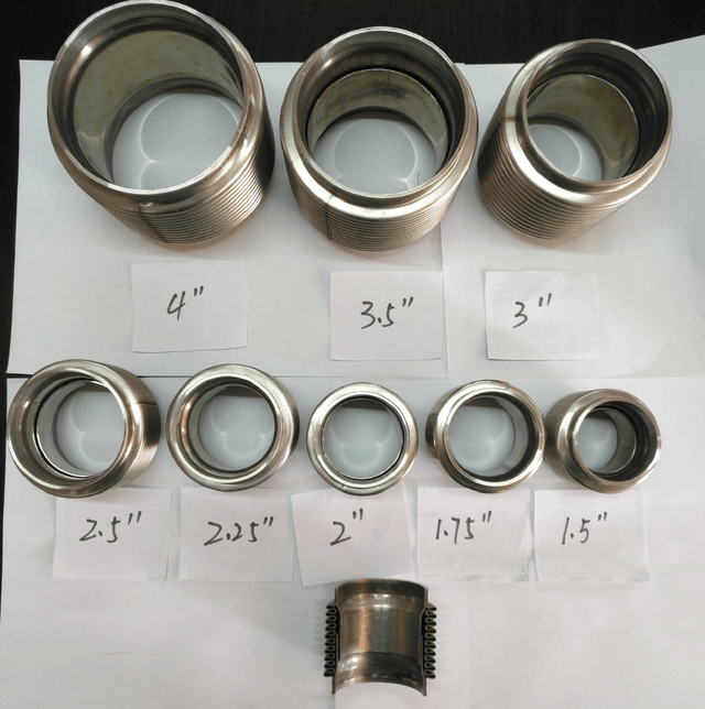 Display of stainless steel turbo bellows with inner diameters ranging from 1.5 in to 4 in
