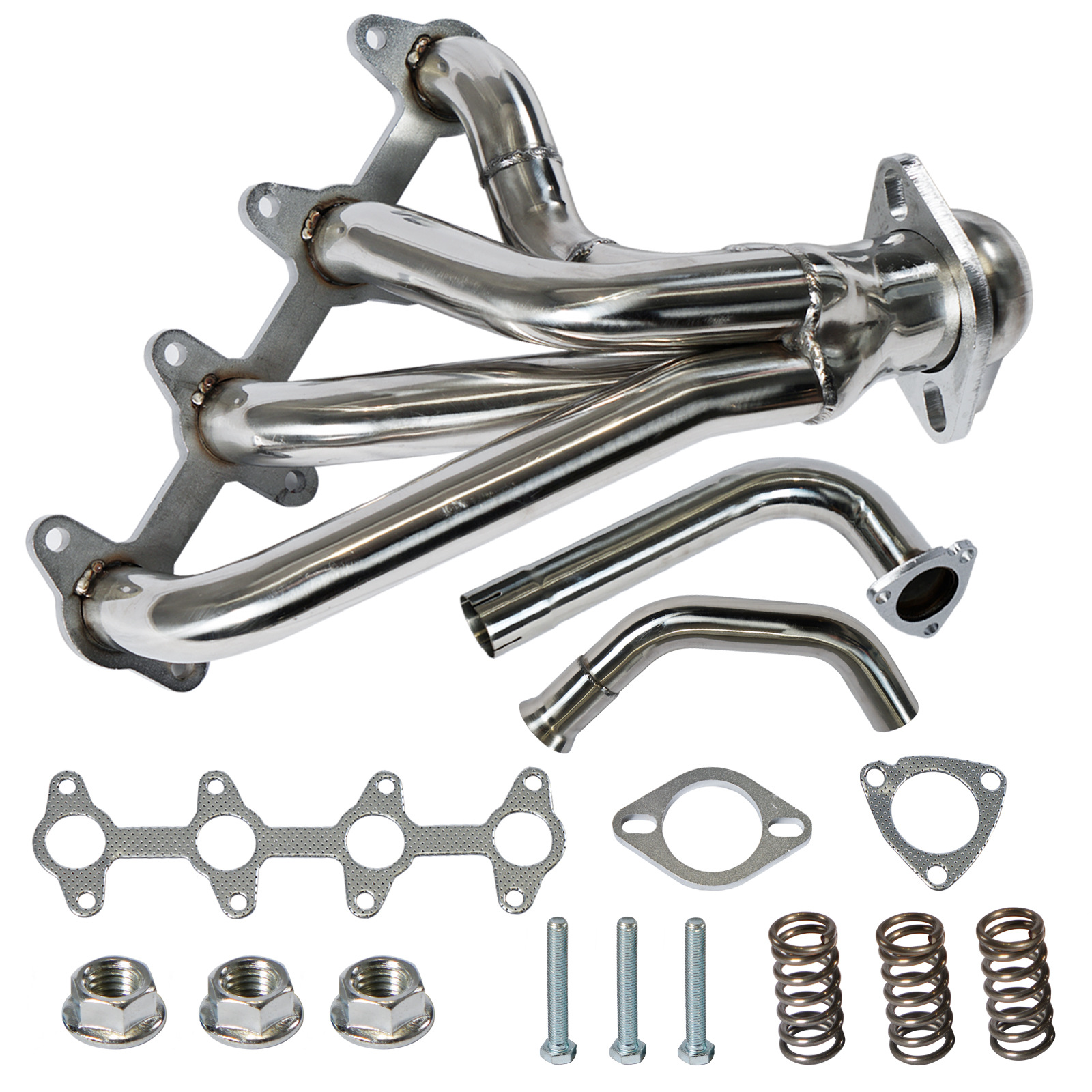 Stainless steel exhaust header for Chevy S10 – front angle view