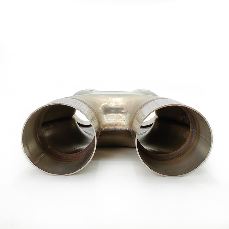 Custom X-pipe fitting in polished stainless steel