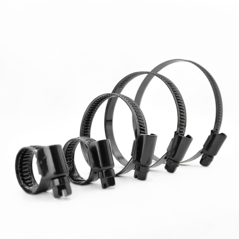 black coated stainless steel hose clamp close-up
