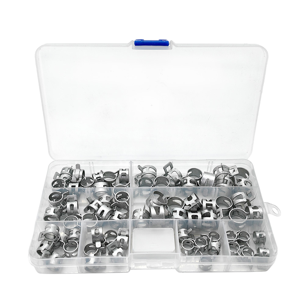 Spring band hose clamps kit with zinc plated finish, spring band hose clamp set