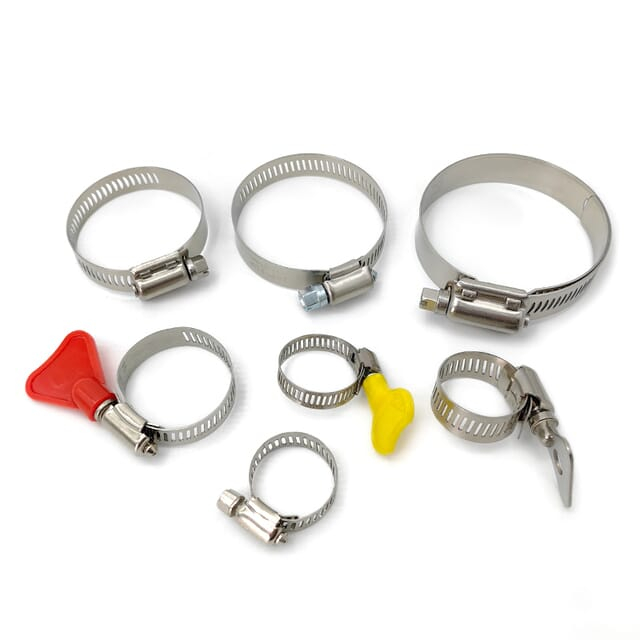 Various types of American hose clamps display