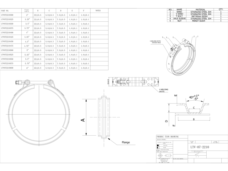 V-band clamp engineering drawing with flange dimensions and stainless steel components