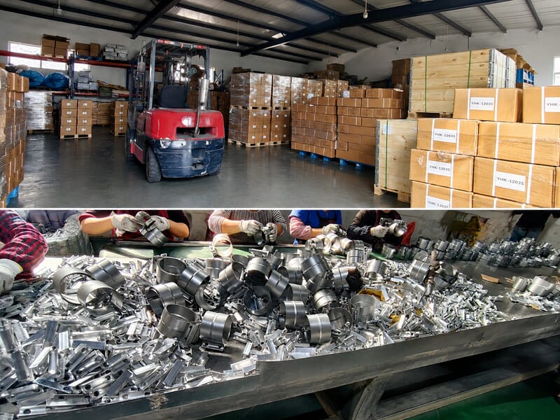 Bulk order packing, finished goods storage, and exhaust clamp shipment preparation at Yueding.