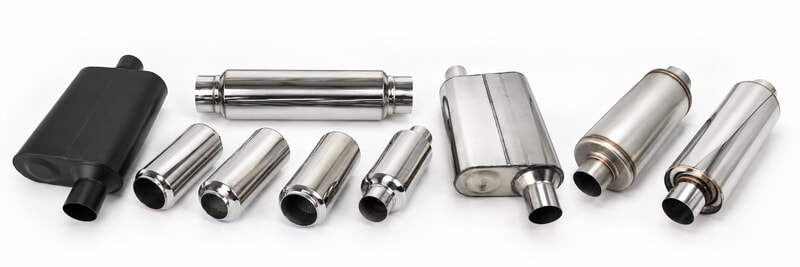 Exhaust mufflers, resonators and stainless steel silencer configurations