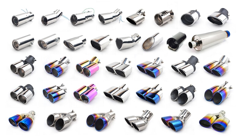 Stainless steel automotive exhaust tips in multiple single and dual outlet designs