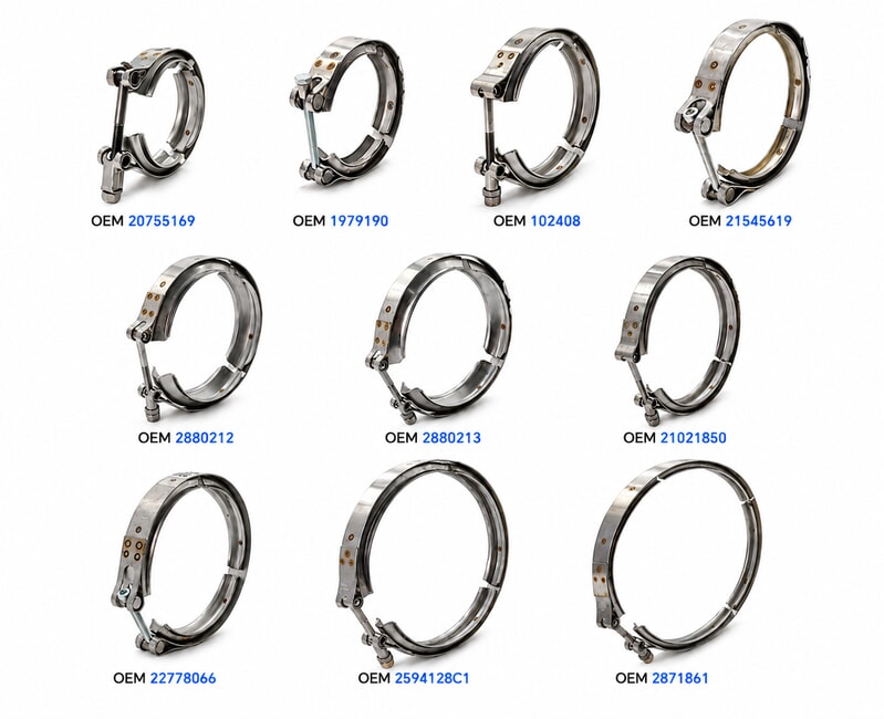 OEM V-band exhaust clamps in multiple sizes and replacement part numbers