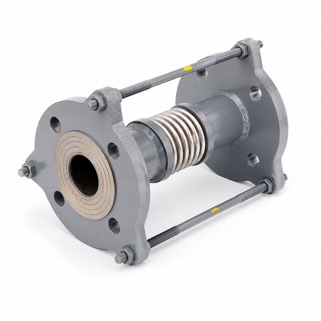 Restrained flanged expansion joint with tie rods and stainless steel bellows