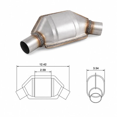 TWCAT014 angled universal catalytic converter dimensions