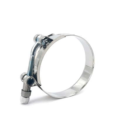 T-bolt clamp with stainless steel band and hinged latch