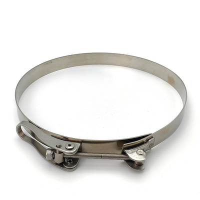 Over-center quick release T-bolt clamp with lever handle and stainless steel band