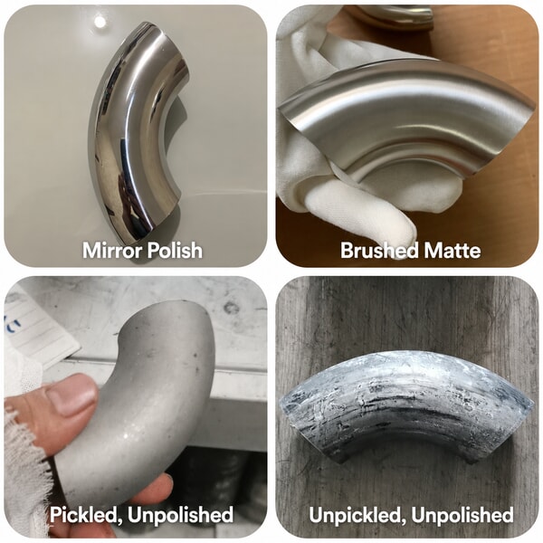 Stainless steel exhaust elbow surface finishes mirror polished, brushed matte, pickled unpolished, and unpickled unpolished.png