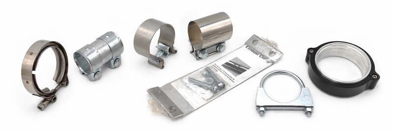 Exhaust clamps including V-band, U-bolt and band clamp designs