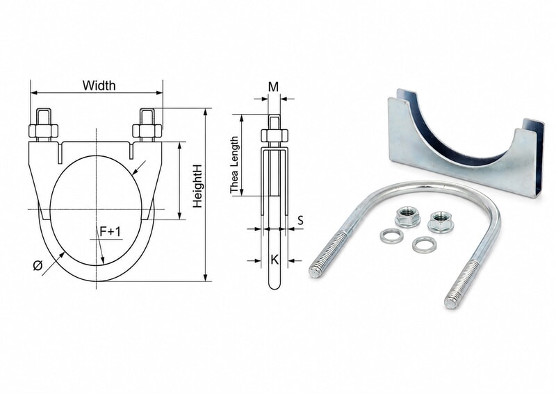 U-bolt exhaust clamp dimensions and complete hardware components