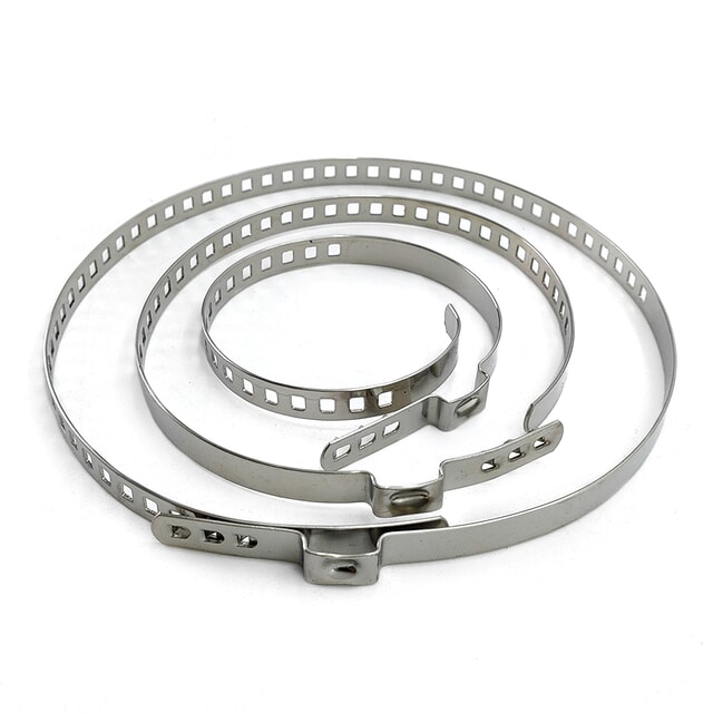 Adjustable stainless steel CV boot clamps in multiple sizes with perforated bands and locking tabs